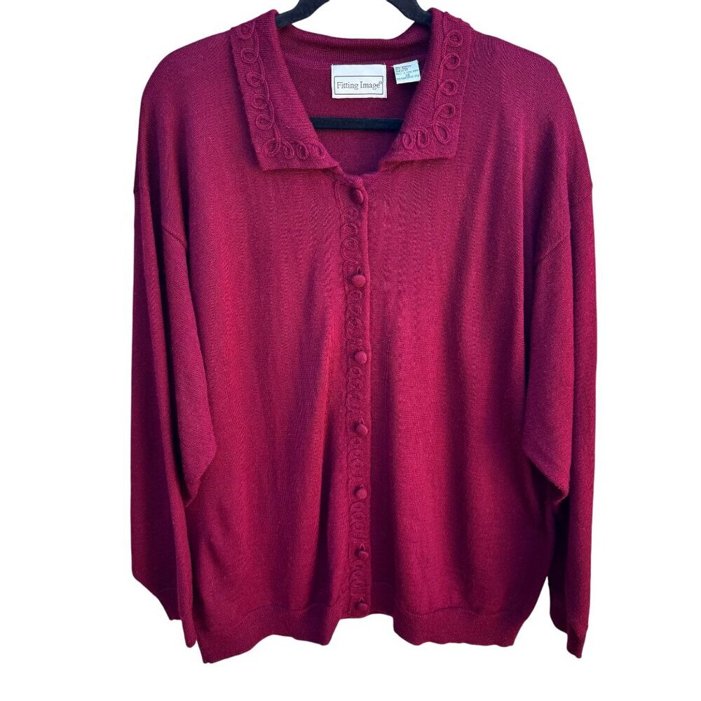 Fitting Image Vintage Burgundy Wool Blend Embroidered Collared Cardigan Size 26‎